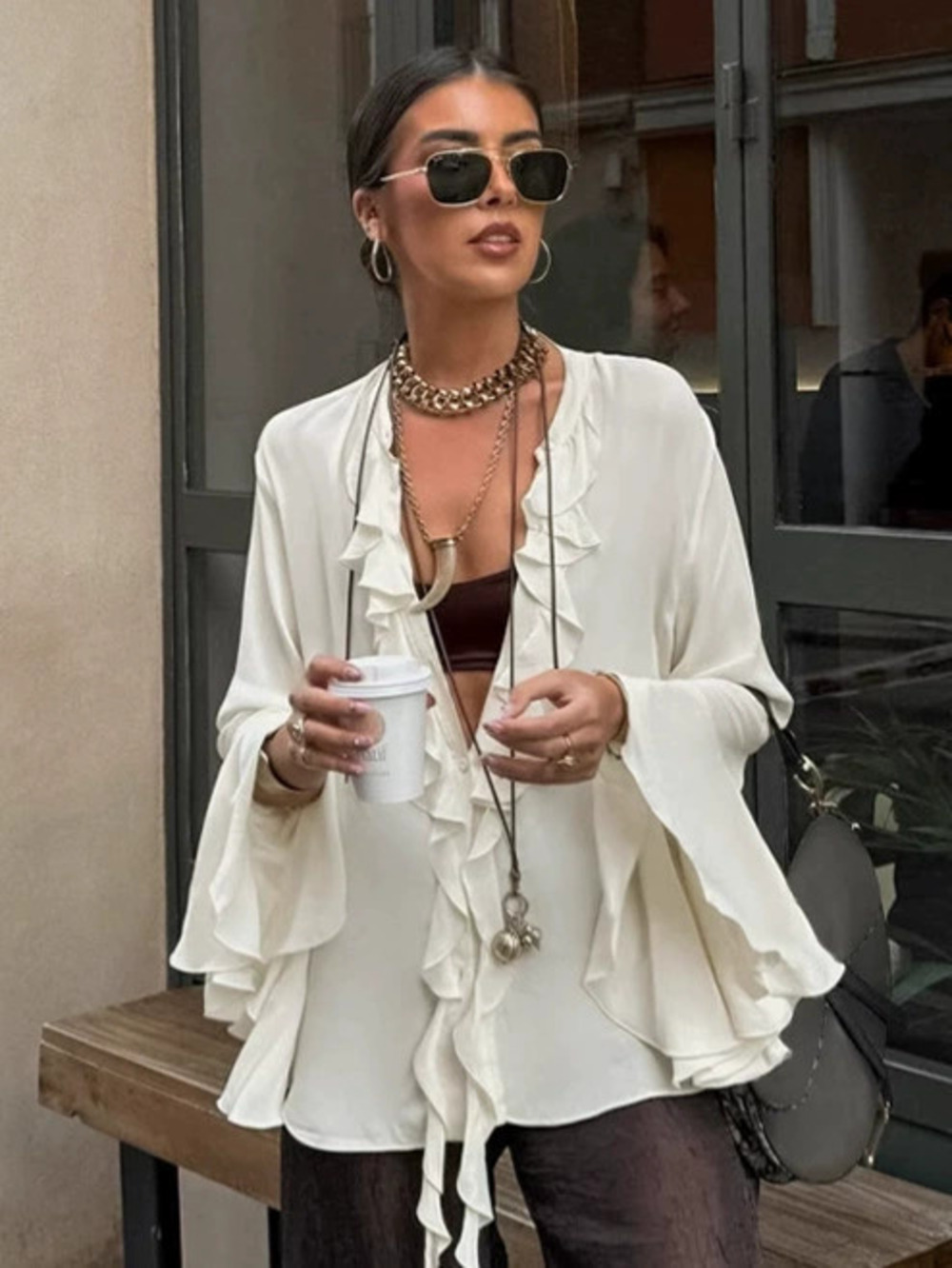 Forever 21 Chiffon Ruffle Blouse Fall Flare Sleeve Collar